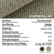 Beiger Strukturstoff (100% PES) in Nahaufnahme/Detailansicht von oben, mit sichtbarer Webstruktur; Stoffdetail_091 mit Angaben zu 57.000 Scheuertouren, Abriebfestigkeit 4–5, Pillingfestigkeit 4–5, OEKO-TEX Standard 100 und Easy Clean.