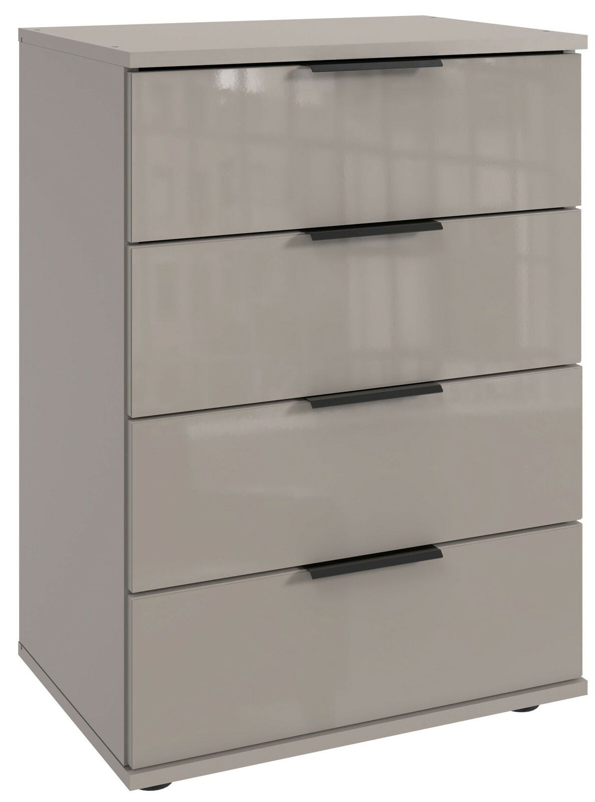 Moderne Nachtkommode mit vier Schubladen in Hochglanzoptik, seitliche Perspektive