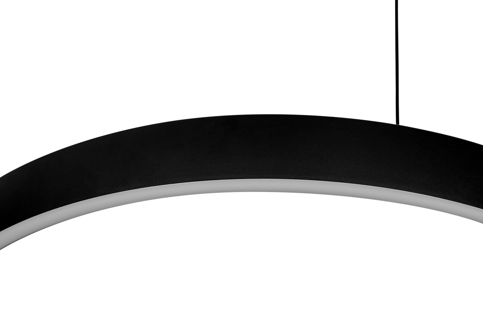 Moderne LED-Hängeleuchte in schwarzem Design, seitliche Perspektive