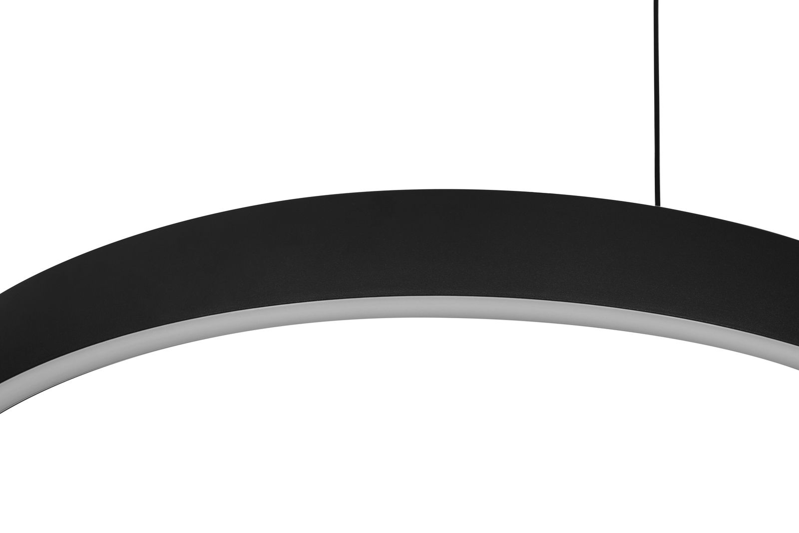 Moderne LED-Hängeleuchte in schwarzem Design, seitliche Perspektive