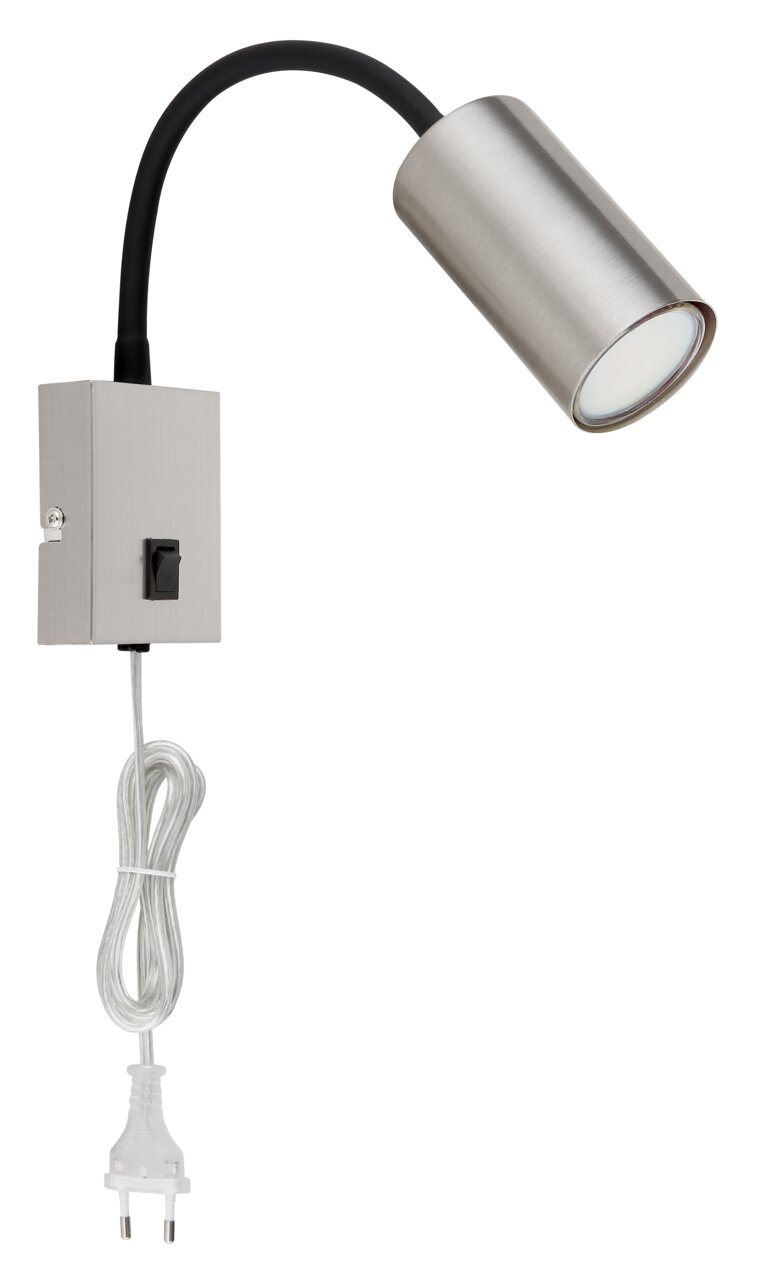 Moderne Wandleuchte aus mattem Nickel mit flexiblem Arm und Schalter, seitliche Perspektive