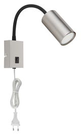 Moderne Wandleuchte aus mattem Nickel mit flexiblem Arm und Schalter, seitliche Perspektive