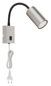 Moderne Wandleuchte aus mattem Nickel mit flexiblem Arm und Schalter, seitliche Perspektive