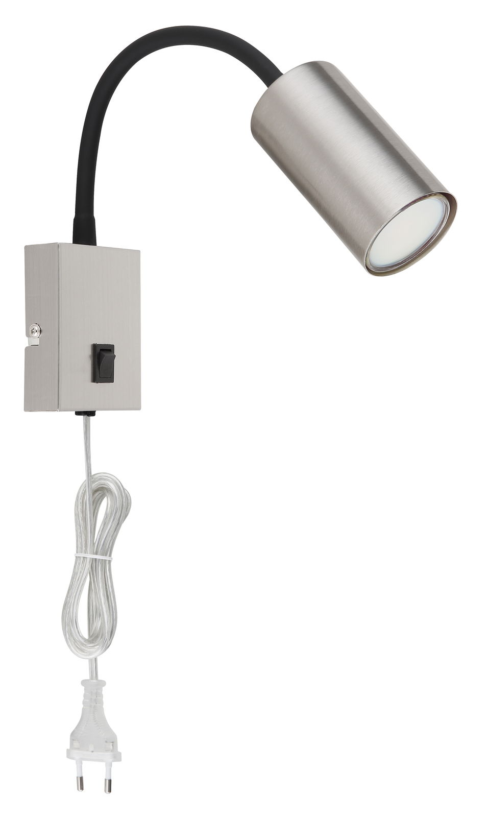 Moderne Wandleuchte aus mattem Nickel mit flexiblem Arm und Schalter, seitliche Perspektive