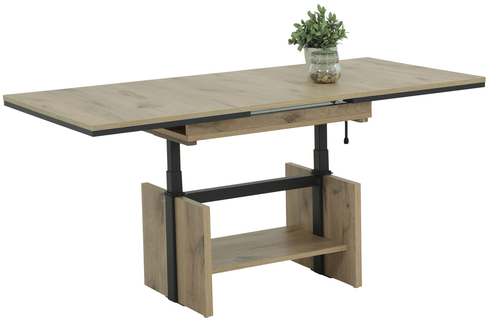 Moderner Couchtisch aus Holz mit schwarzem Metallgestell, seitliche Perspektive