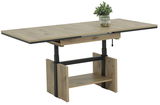 Moderner Couchtisch aus Holz mit schwarzem Metallgestell, seitliche Perspektive
