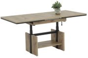 Moderner Couchtisch aus Holz mit schwarzem Metallgestell, seitliche Perspektive