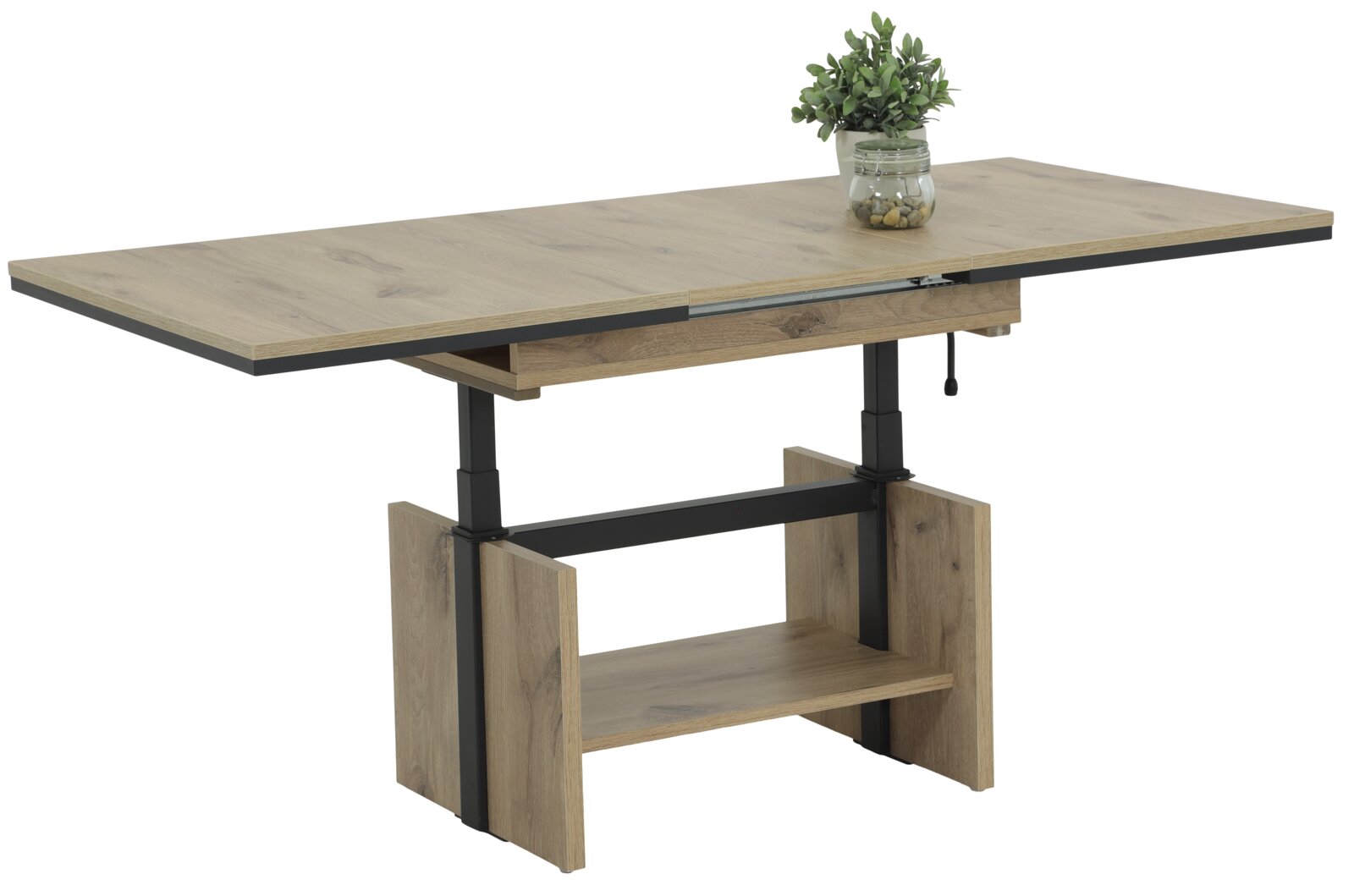 Moderner Couchtisch aus Holz mit schwarzem Metallgestell, seitliche Perspektive