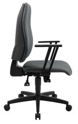 Seitenansicht eines grauen Bürostuhls mit verstellbaren Armlehnen und Rollen.