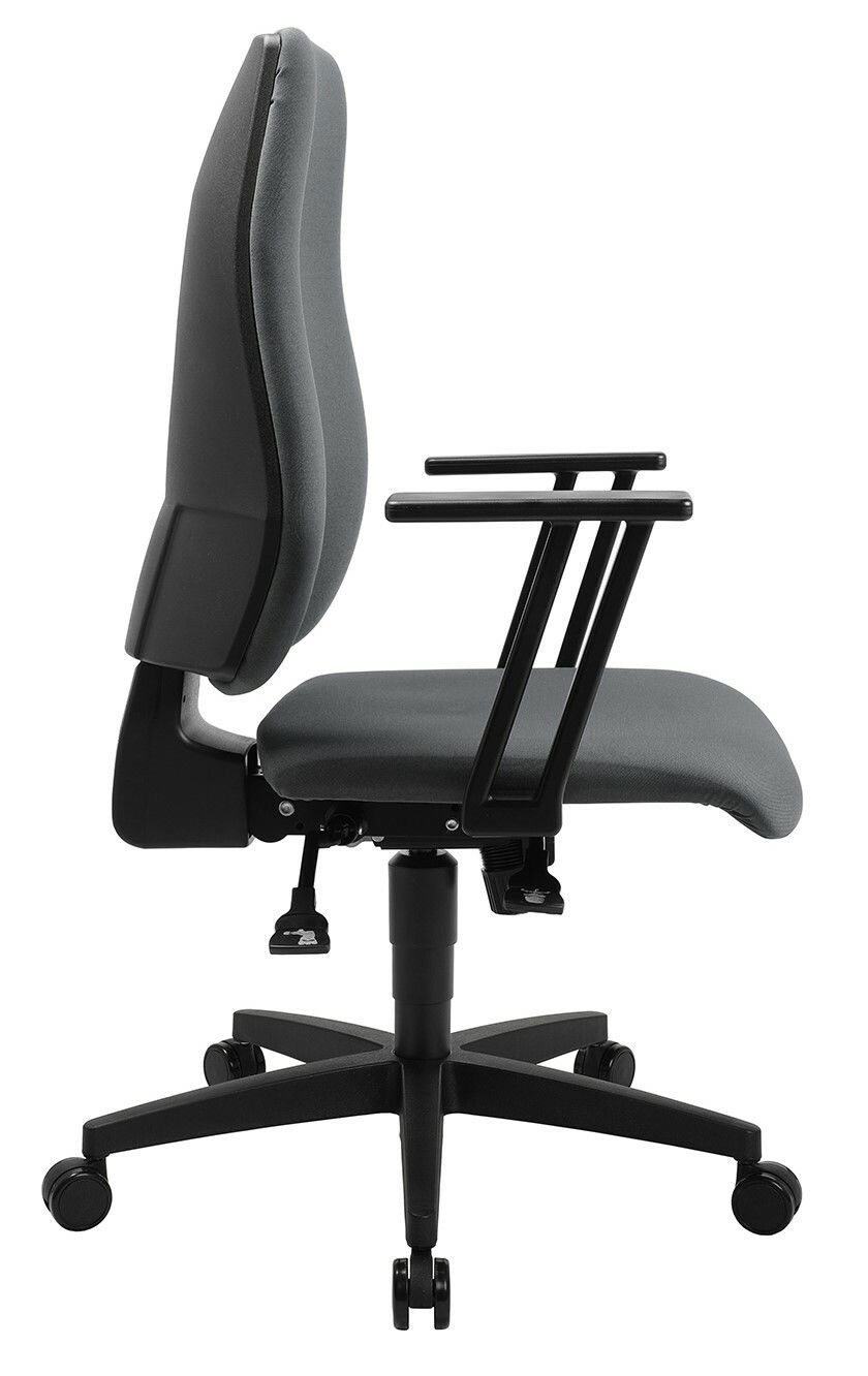 Seitenansicht eines grauen Bürostuhls mit verstellbaren Armlehnen und Rollen.