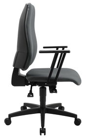 Seitenansicht eines grauen Bürostuhls mit verstellbaren Armlehnen und Rollen.