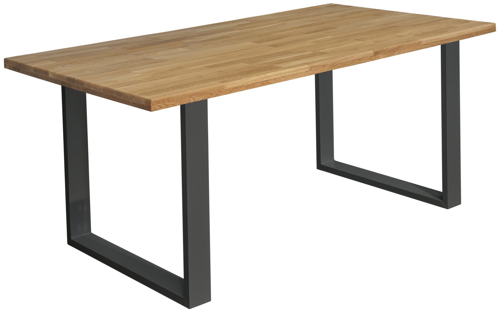 Moderner Esstisch mit Holzplatte und schwarzen Metallbeinen, seitliche Perspektive