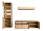 Wandkombination aus Holz mit geöffneter Vitrine, Schubladen und Regalen, frontal betrachtet.