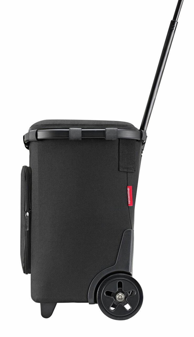 Seitenansicht eines schwarzen Carrycruiser Plus mit ausziehbarem Griff und großen Rädern.
