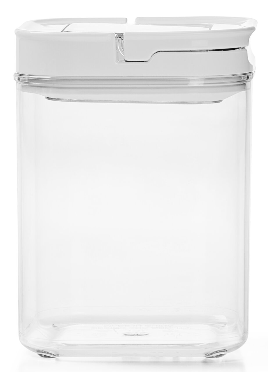 Transparente Vorratsdose mit weißem Deckel, frontal fotografiert