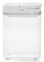 Transparente Vorratsdose mit weißem Deckel, frontal fotografiert