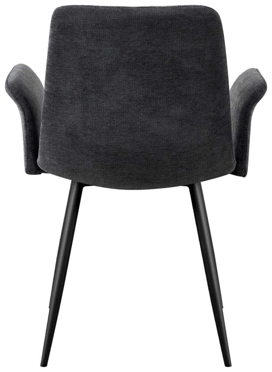 Rückansicht eines grauen Armlehnstuhls mit schwarzen Beinen