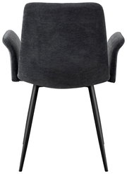 Rückansicht eines grauen Armlehnstuhls mit schwarzen Beinen