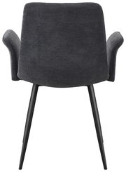 Rückansicht eines grauen Armlehnstuhls mit schwarzen Beinen