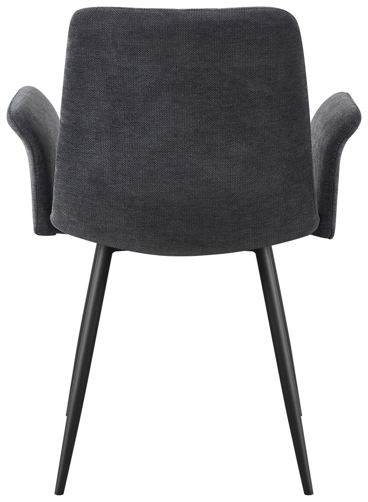 Rückansicht eines grauen Armlehnstuhls mit schwarzen Beinen