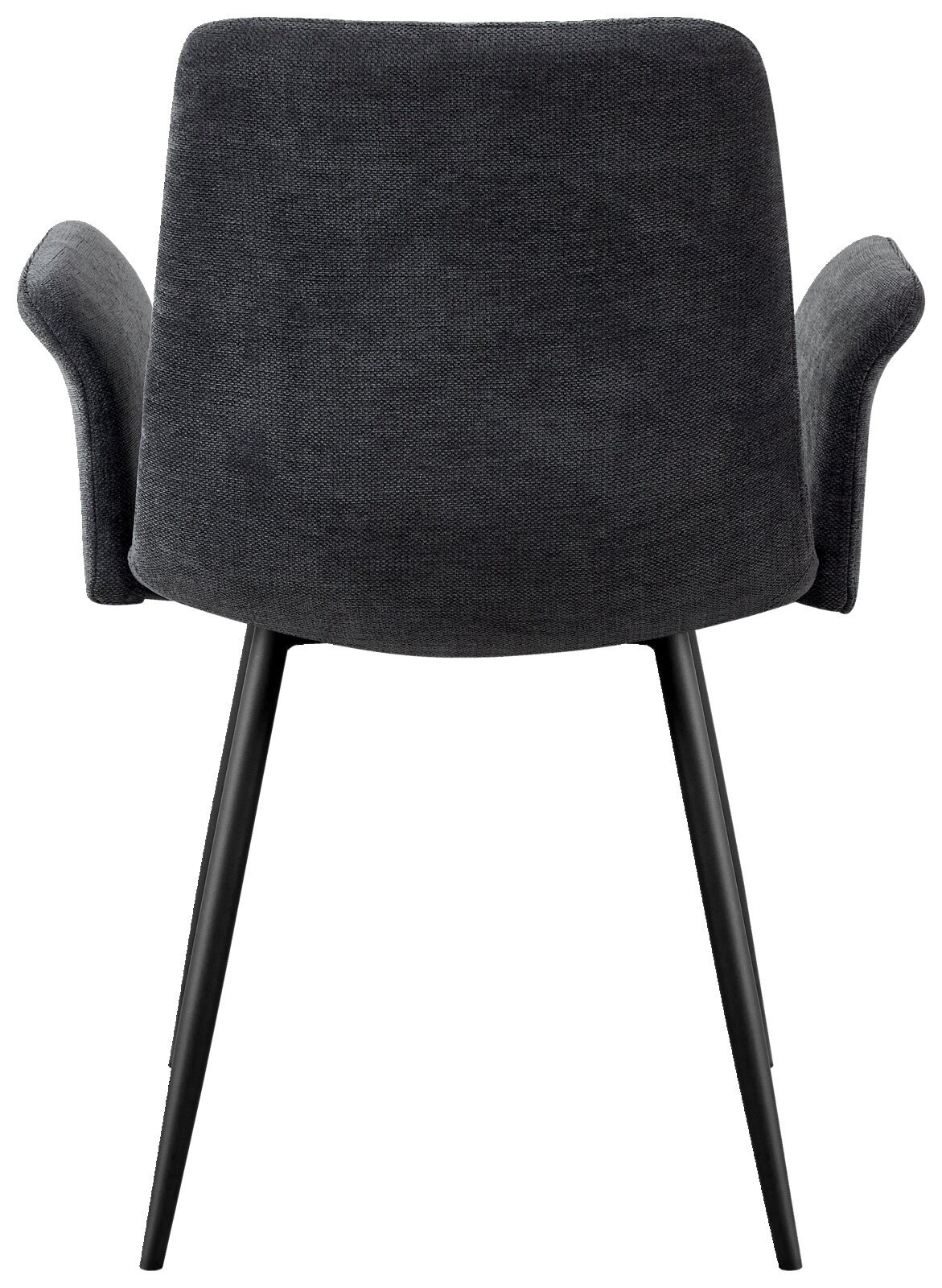 Achterkant van een grijze fauteuil met zwarte poten