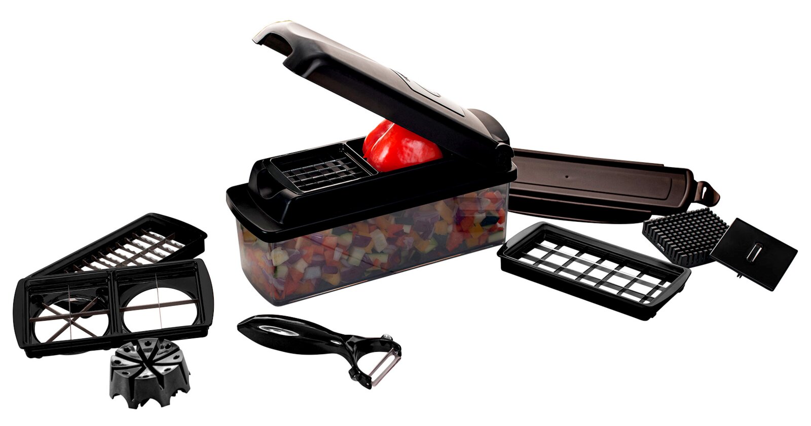 Nicer Dicer Plus Jubi, 11-delige set, gezien vanaf de zijkant, met verschillende opzetstukken en een bakje vol gesneden groenteblokjes.