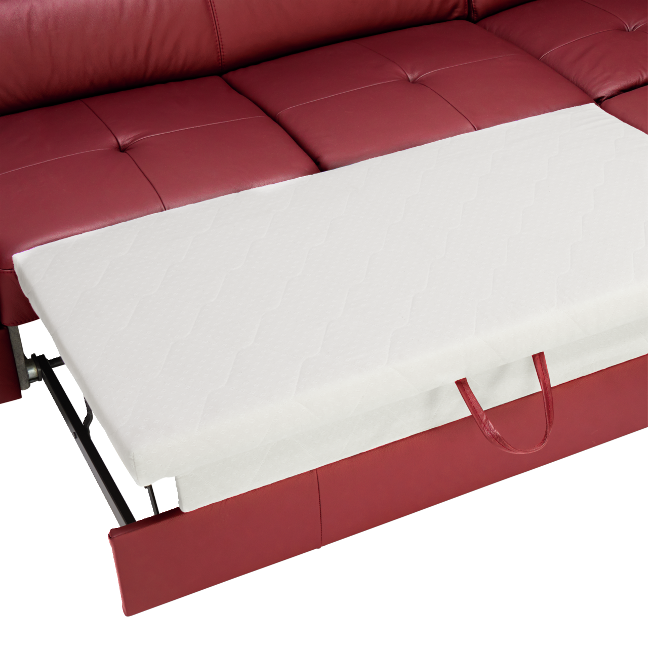Rote Polsterrundecke TORINO mit Bettfunktion, teilweise ausgezogen, Nahaufnahme von der Seite