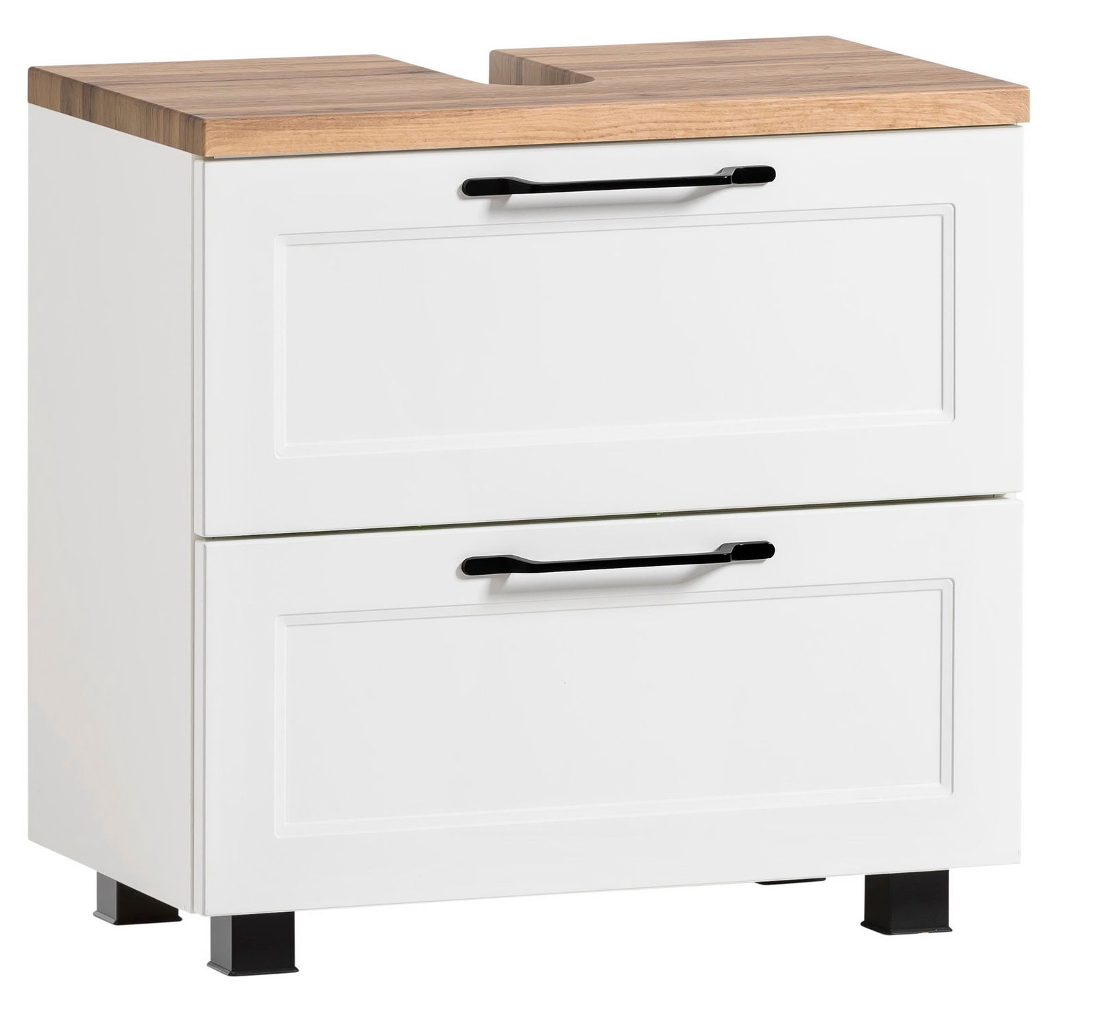 XORA Waschbeckenunterschrank MERAN Moderner Waschbeckenunterschrank in Weiß mit Holzoberfläche und schwarzen Griffen, seitliche Perspektive