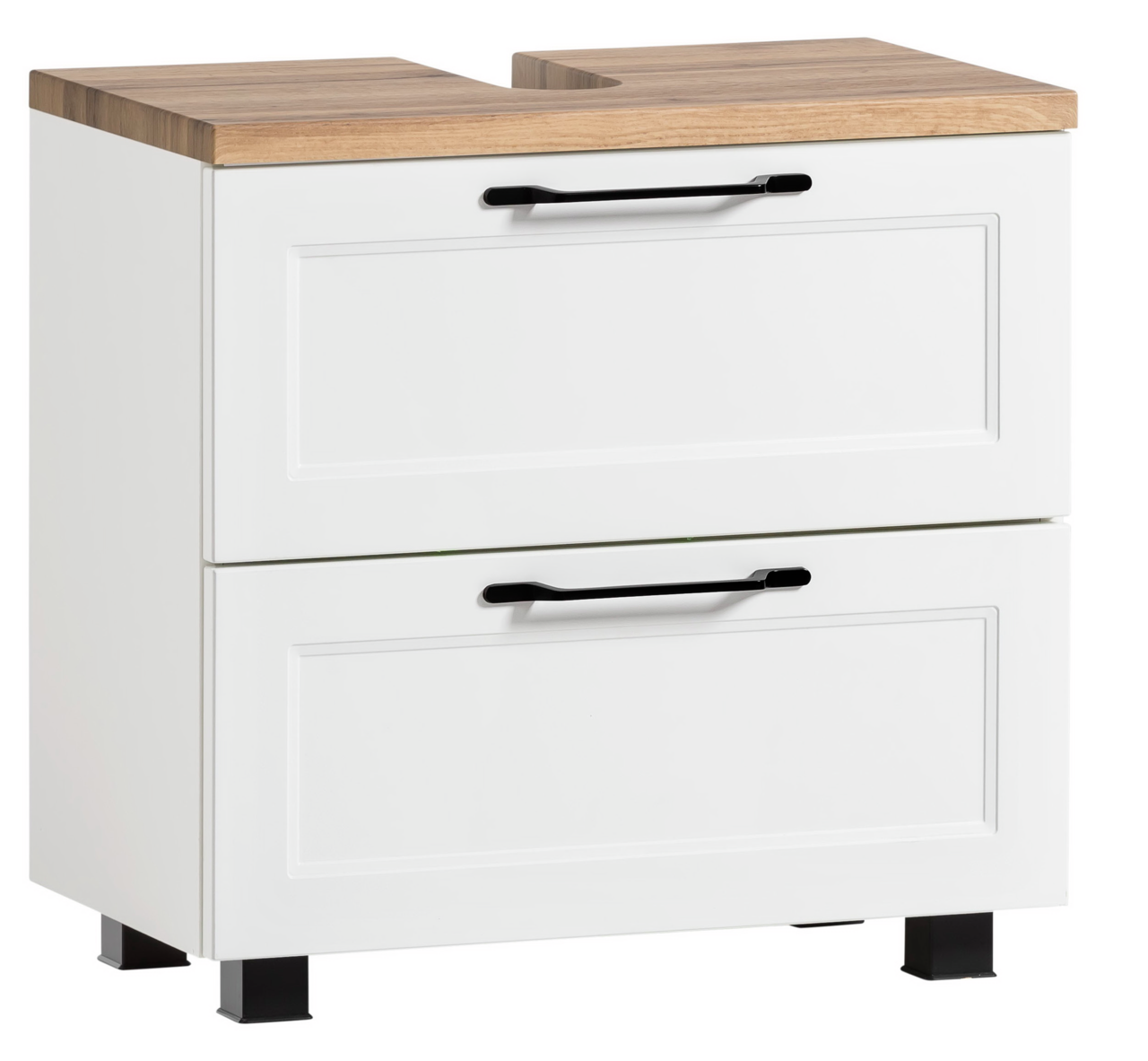 Moderner Waschbeckenunterschrank in Weiß mit Holzoberfläche und schwarzen Griffen, seitliche Perspektive