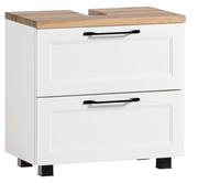 Moderner Waschbeckenunterschrank in Weiß mit Holzoberfläche und schwarzen Griffen, seitliche Perspektive