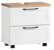 Moderner Waschbeckenunterschrank in Weiß mit Holzoberfläche und schwarzen Griffen, seitliche Perspektive