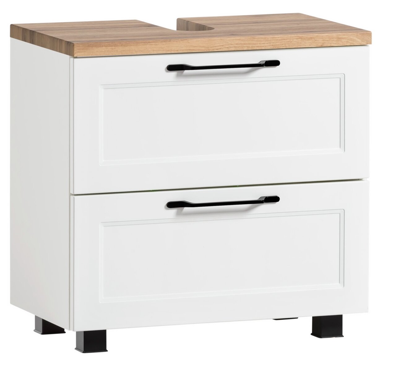 Moderner Waschbeckenunterschrank in Weiß mit Holzoberfläche und schwarzen Griffen, seitliche Perspektive