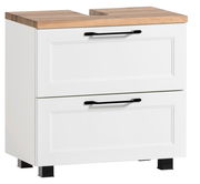 Moderner Waschbeckenunterschrank in Weiß mit Holzoberfläche und schwarzen Griffen, seitliche Perspektive