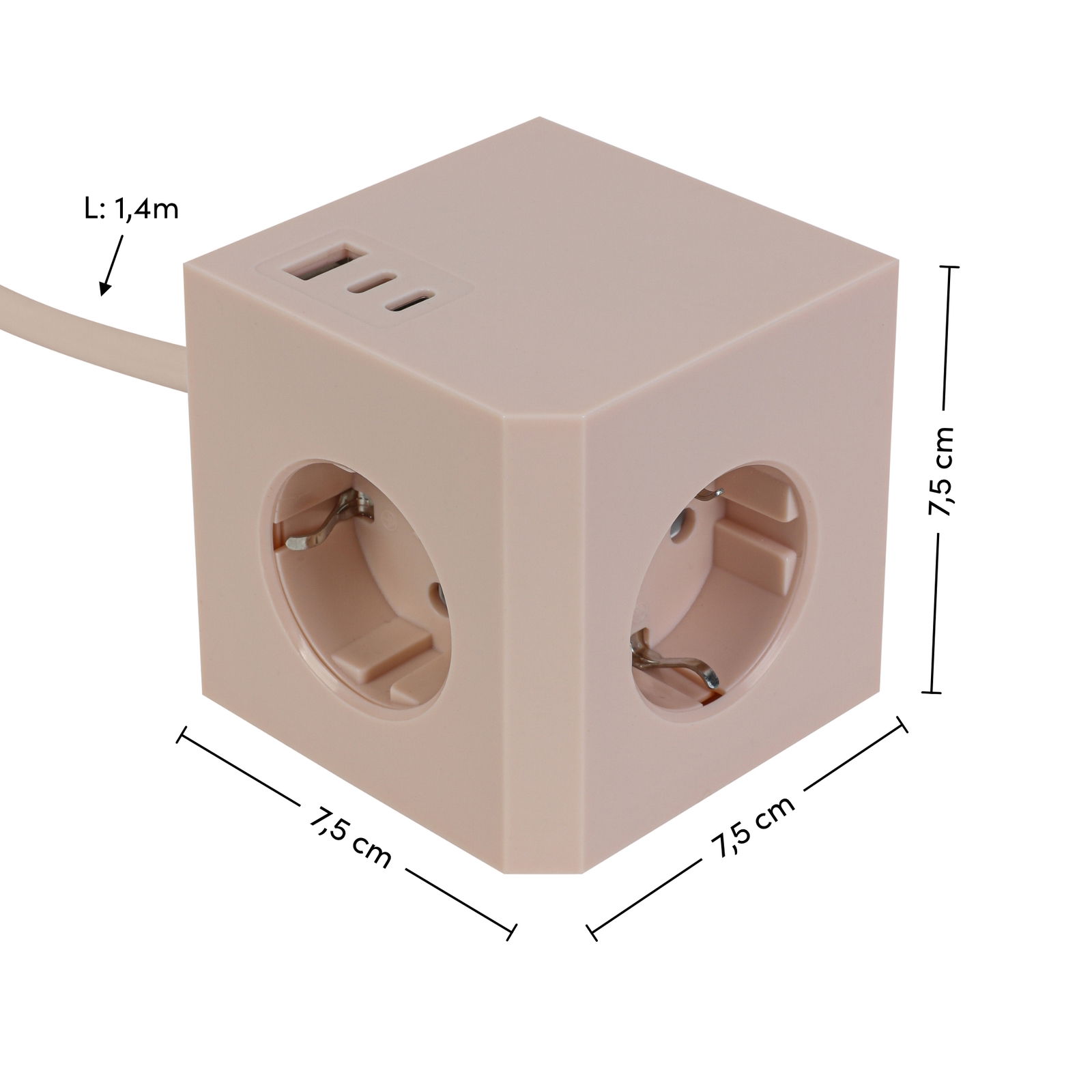 Steckdosenwürfel mit vier Steckplätzen und zwei USB-Anschlüssen, beige, mit 1,4 m Kabel, aus seitlicher Perspektive.