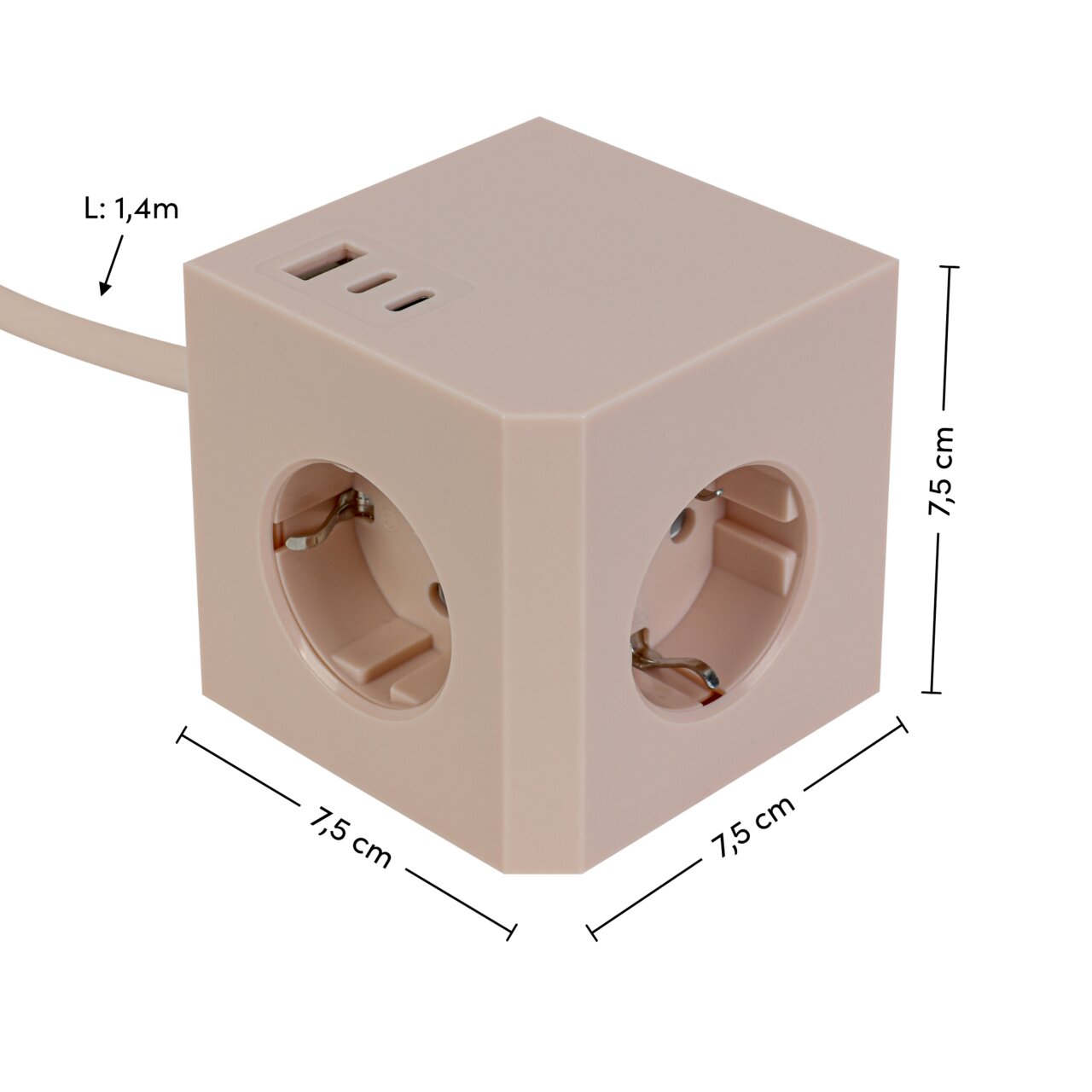 Stekkerblok met vier stopcontacten en twee USB-aansluitingen, beige, met een kabel van 1,4 m, gezien vanaf de zijkant.