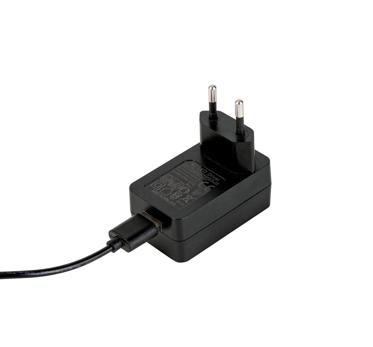 Zwarte voeding met twee Eurostekkers en kabel, zijaanzicht