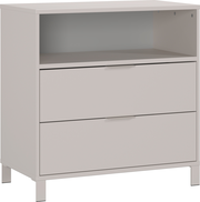 Schmale Kommode mit zwei Schubladen und einem offenen Fach, seitliche Perspektive