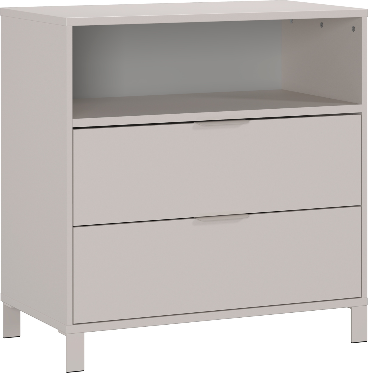 Schmale Kommode mit zwei Schubladen und einem offenen Fach, seitliche Perspektive