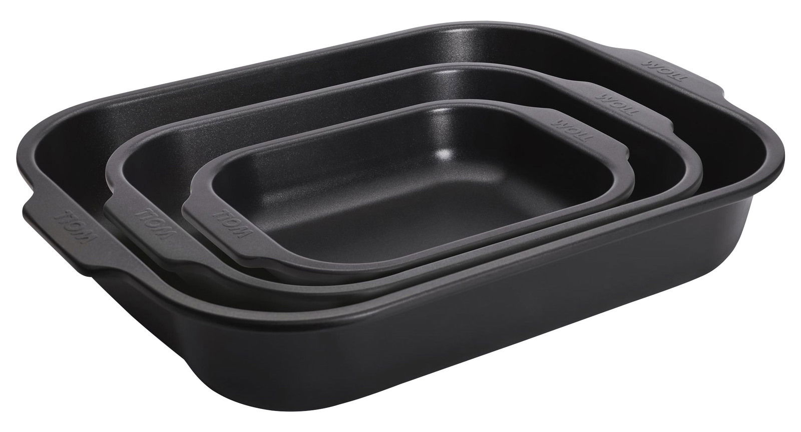 Dreiteiliges Bratreine-Set in schwarzer Farbe, gestapelt in einer schrägen Perspektive.