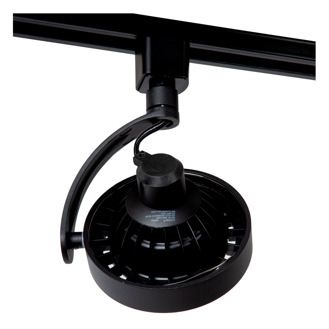 Schwarzer Strahler DORIAN von Lucide, montiert an einer Schiene, aus der Perspektive von unten betrachtet.