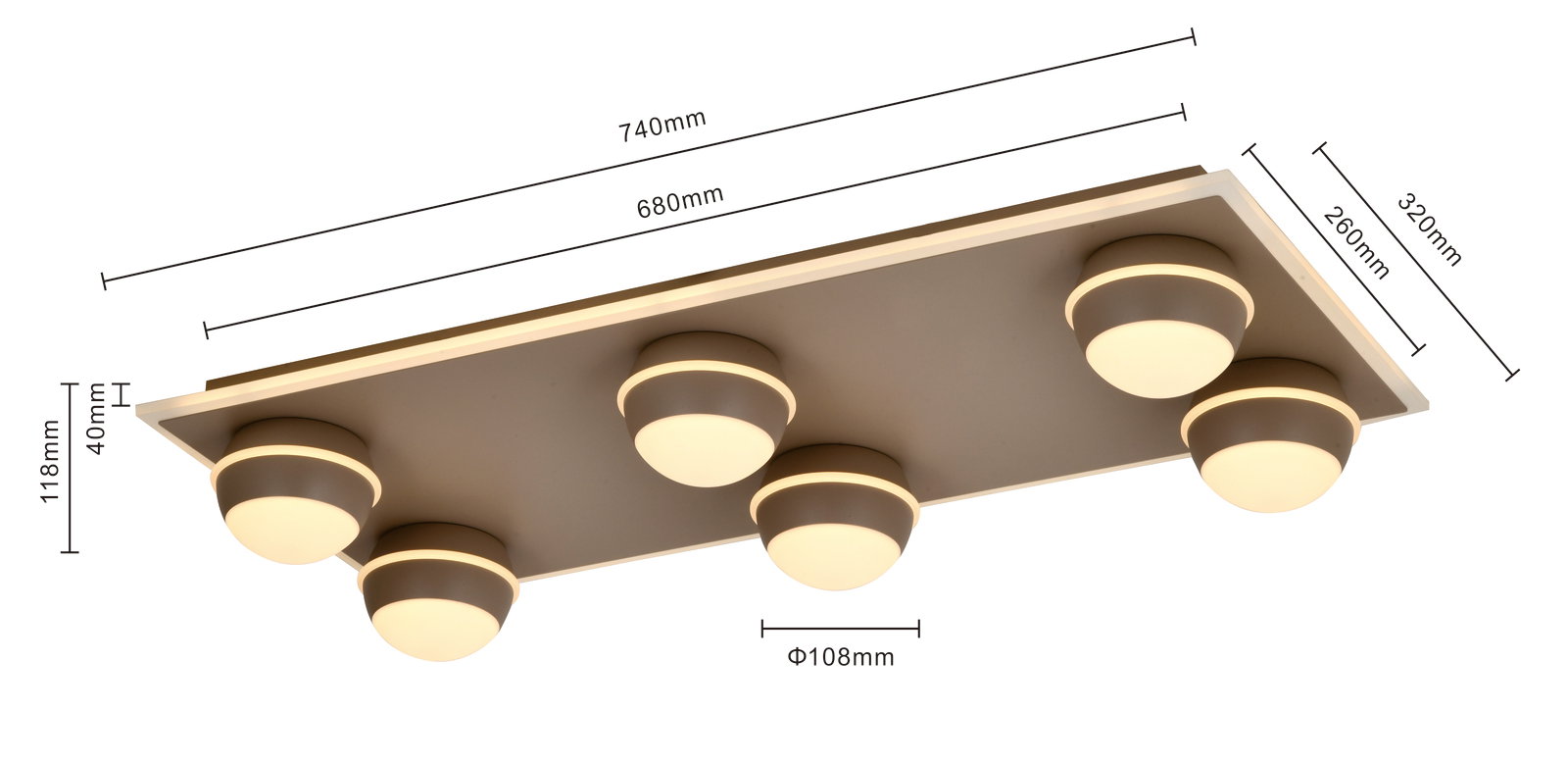 LED-Deckenleuchte mit sechs runden Leuchtelementen, seitliche Perspektive