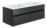 Moderne Badkombination mit zwei Waschbecken und vier Schubladen, seitliche Perspektive