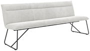 Moderne Sitzbank mit hellgrauem Stoffbezug und schwarzen Metallbeinen, seitliche Perspektive