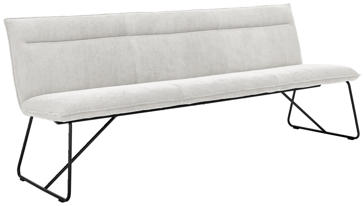 Johann Jakob Sitzbank CALAS Moderne Sitzbank mit hellgrauem Stoffbezug und schwarzen Metallbeinen, seitliche Perspektive