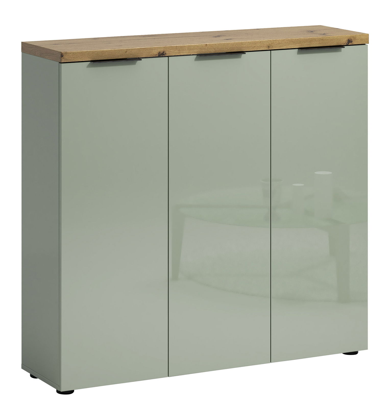 Moderner XL-Schuhschrank mit drei Türen in mintgrünem Hochglanz und einer Holzplatte, Frontalansicht