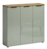 Moderner XL-Schuhschrank mit drei Türen in mintgrünem Hochglanz und einer Holzplatte, Frontalansicht