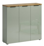 Moderner XL-Schuhschrank mit drei Türen in mintgrünem Hochglanz und einer Holzplatte, Frontalansicht