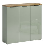 Moderner XL-Schuhschrank mit drei Türen in mintgrünem Hochglanz und einer Holzplatte, Frontalansicht