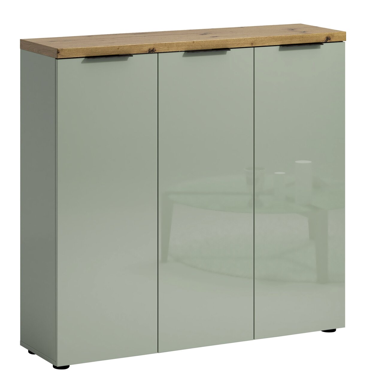 XORA XL-schoenenkast IDEAL Moderne XL-schoenenkast met drie deuren in mintgroen hoogglans en een houten blad, vooraanzicht