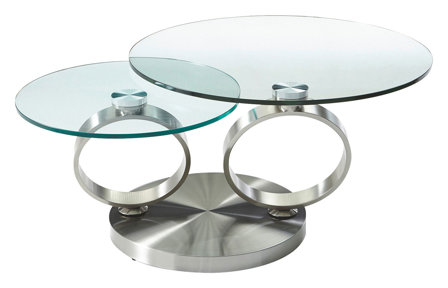Moderner Couchtisch mit zwei runden Glasplatten und metallischen Ringen, seitliche Perspektive
